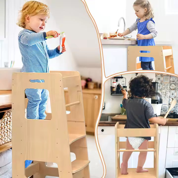 Children using kitchen helper step stools to help parents cooking