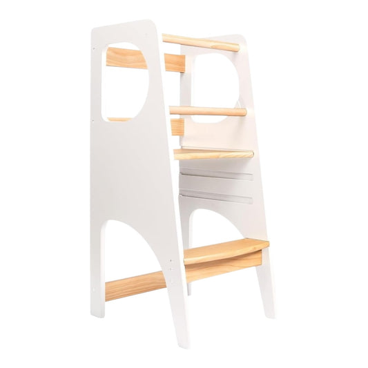 White Montessori toddler kitchen tower with adjustable steps and safety rails.