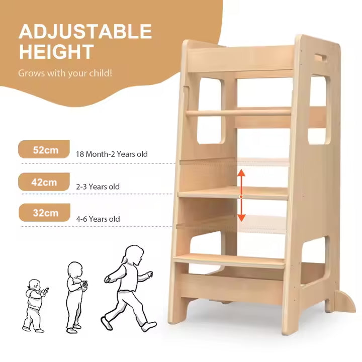 Adjustable height learning tower to help children at bench top