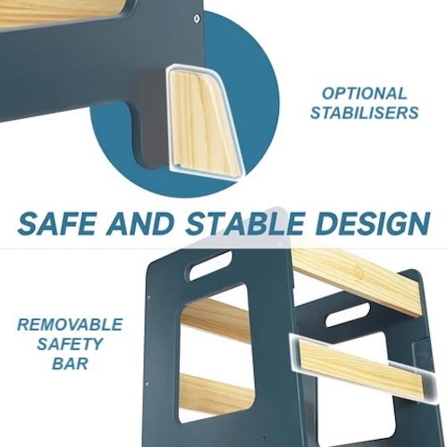Wooden kitchen step tool with stabilisers and safety bar