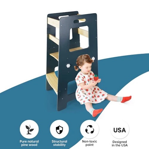 Child playing with a wooden climbing toddler tower nz