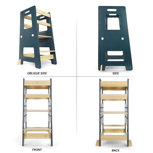 Multi-angle view of a wooden step stool kitchen helper nz