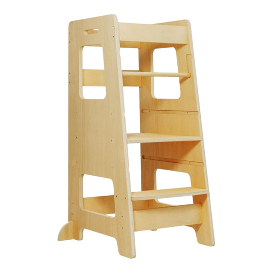 Natural wooden Montessori toddler kitchen helper tower with hand‑turned stage.