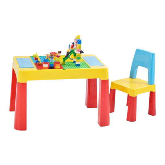 Colorful toddler table and chair set designed for building blocks and other activities, with a reversible tabletop and storage bins.