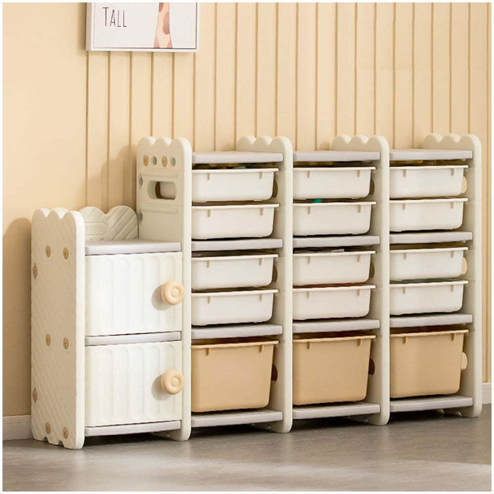 Stylish children's storage unit with multiple drawers and bins for toys NZ