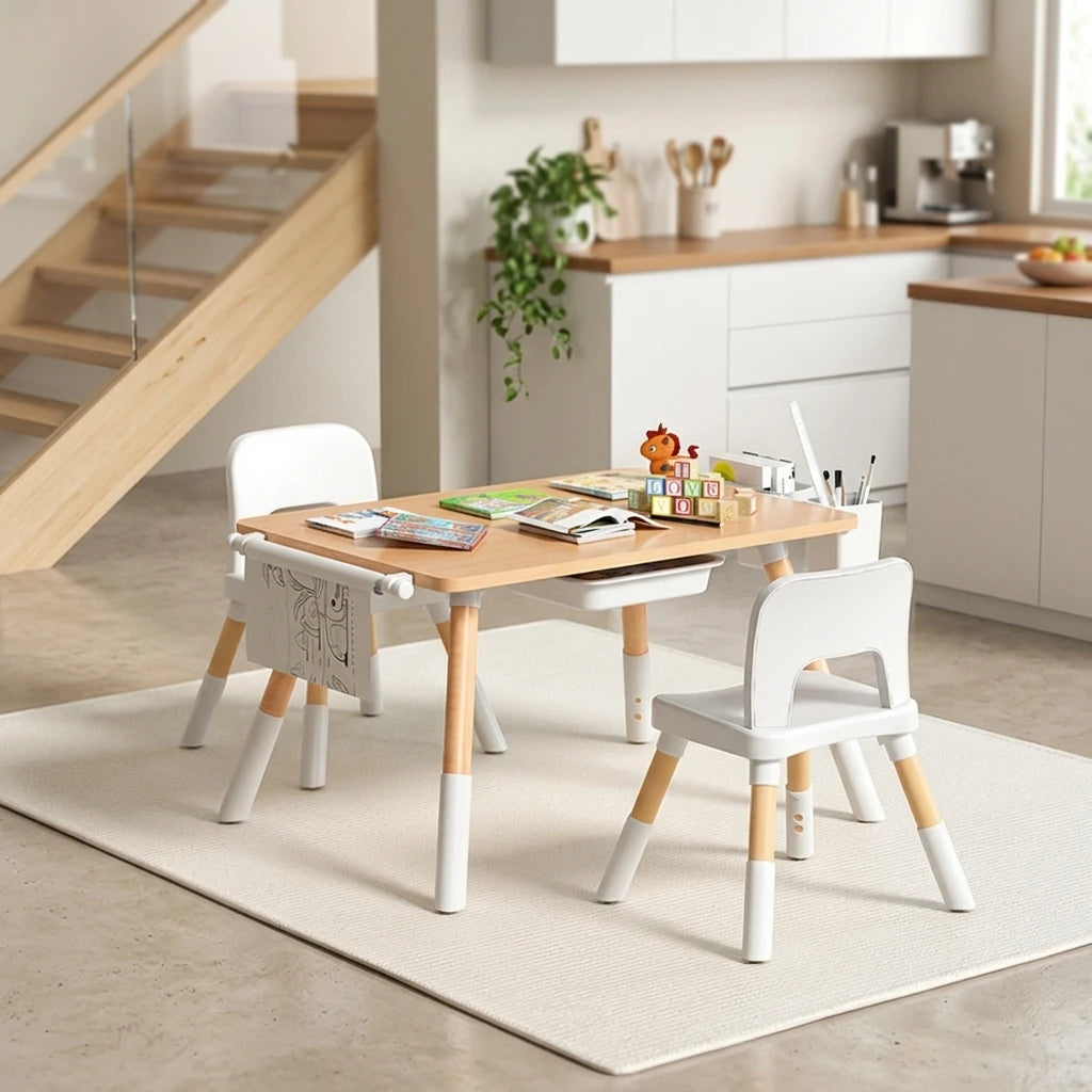 Montessori Art Table & 2 Chair Set – Adjustable, with Storage Drawers