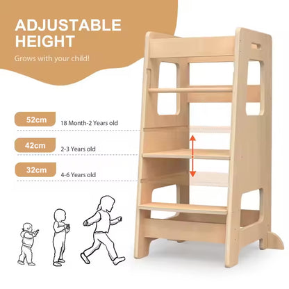 Adjustable height learning tower to help children at bench top