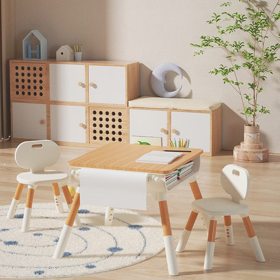 Montessori Style Colouring Table with under desk storage wooden desktop with chairs NZ