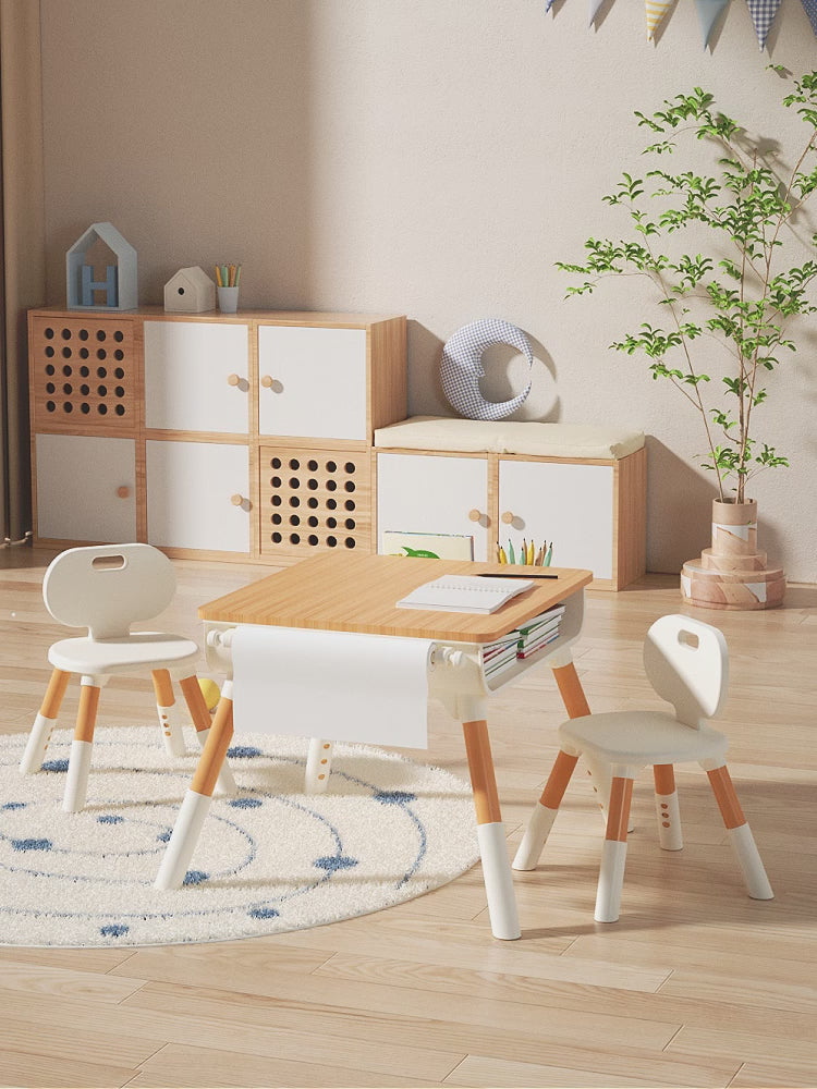 Montessori Style Colouring Table with under desk storage wooden desktop with chairs NZ